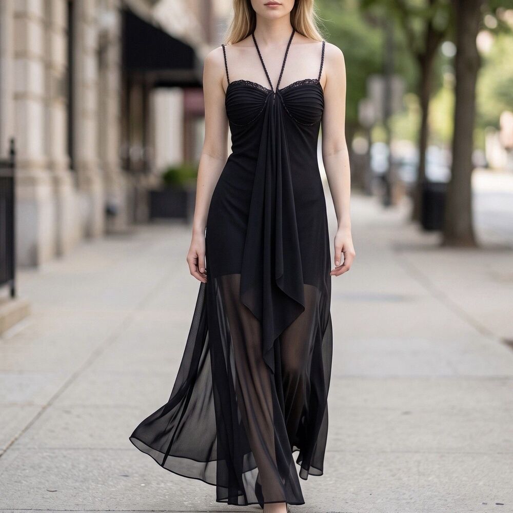 VTG 90s Victor Alfaro Black Mesh Halter Dress 4 Vampy Grunge Whimsigoth Runway
